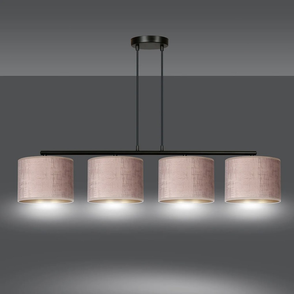 Lampadario 4 Luci Ganesha In Acciaio Nero E Paralumi In Tessuto Rosa