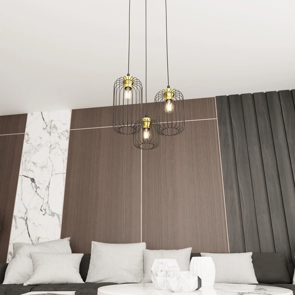 Sospensione Minimal Industrial Minerva 3 Luci Tonda Nera E Oro