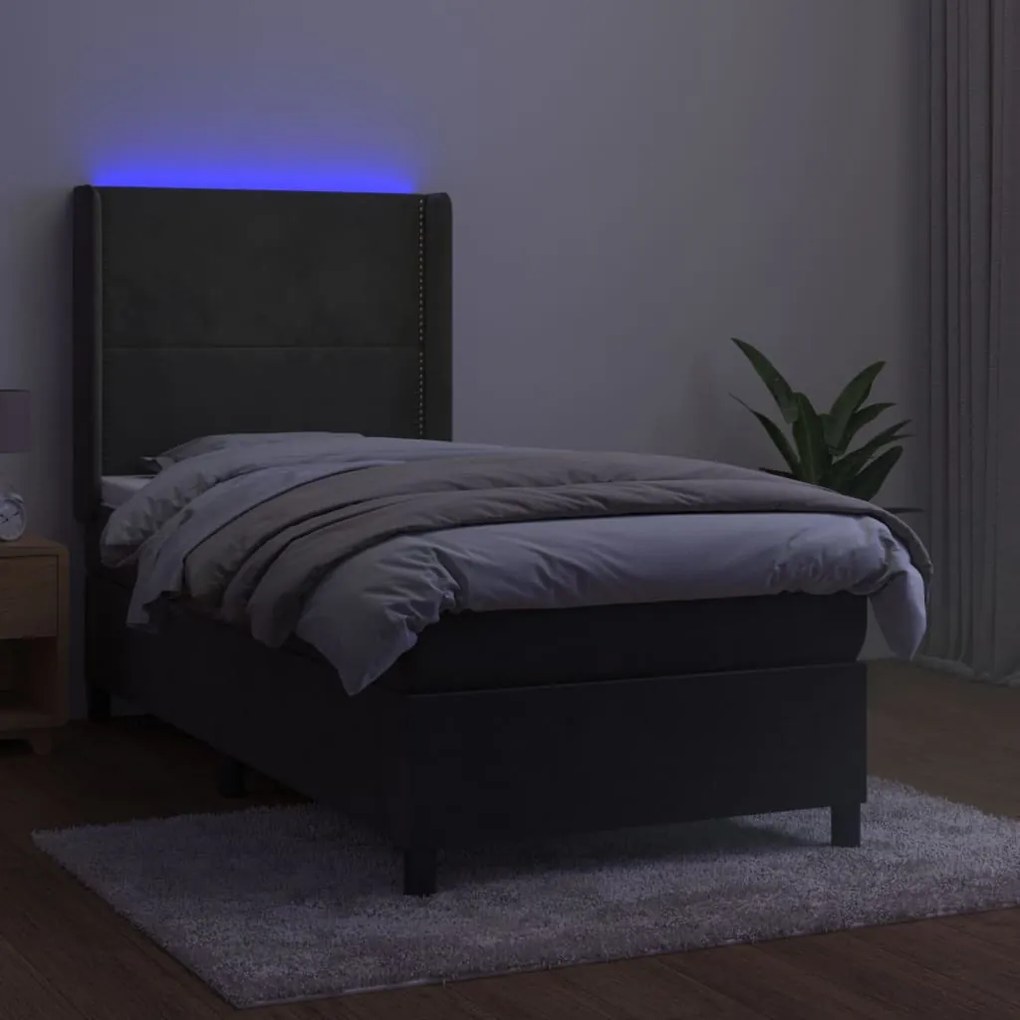 Letto a molle con materasso e led grigio scuro 100x200 cm