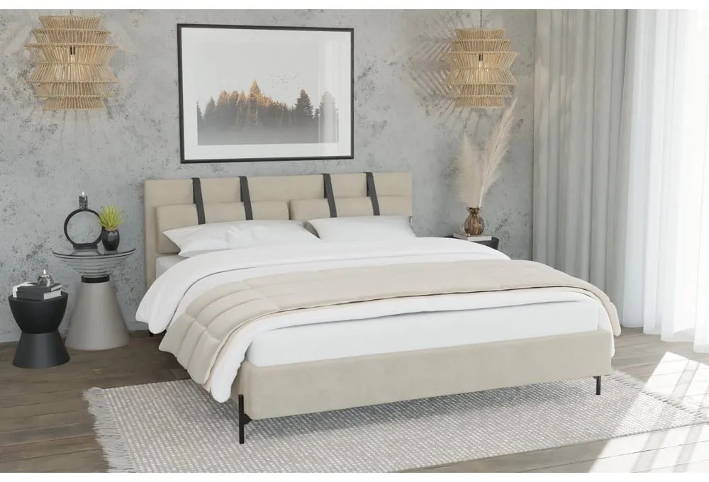 Letto matrimoniale beige imbottito con rete inclusa 140x200 cm Tulsa – Ropez