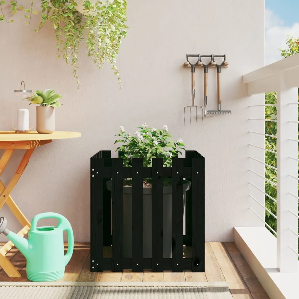 Fioriera Giardino A Recinzione Nera 60x60x60 Cm Massello Pino /