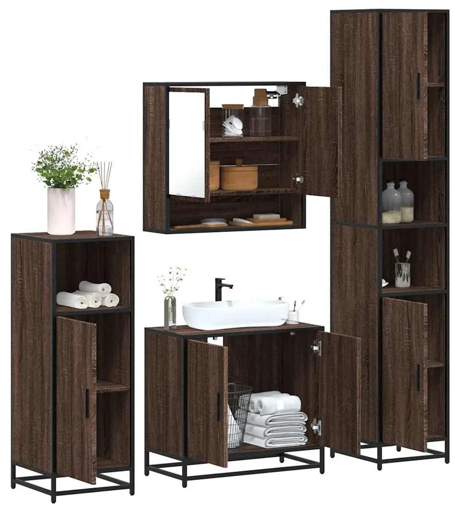 Set Mobili Da Bagno 4 Pz Rovere Marrone İn Legno Multistrato /