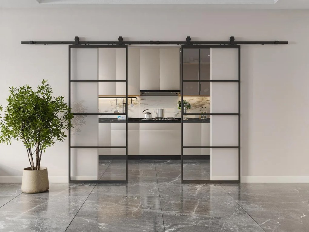 Porta scorrevole doppia con sistema esterno muro alluminio e vetro temp. trasparente 2xH205xL63cm - SINCA II