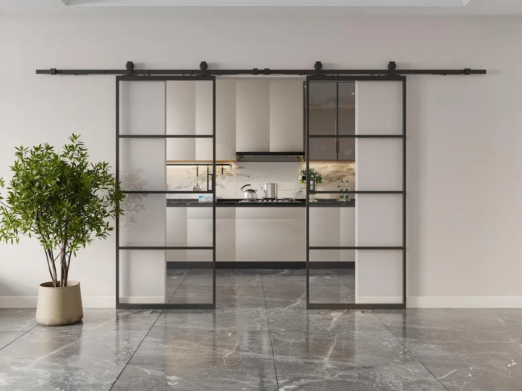 Porta scorrevole doppia con sistema esterno muro alluminio e vetro temp. trasparente 2xH205xL63cm - SINCA II