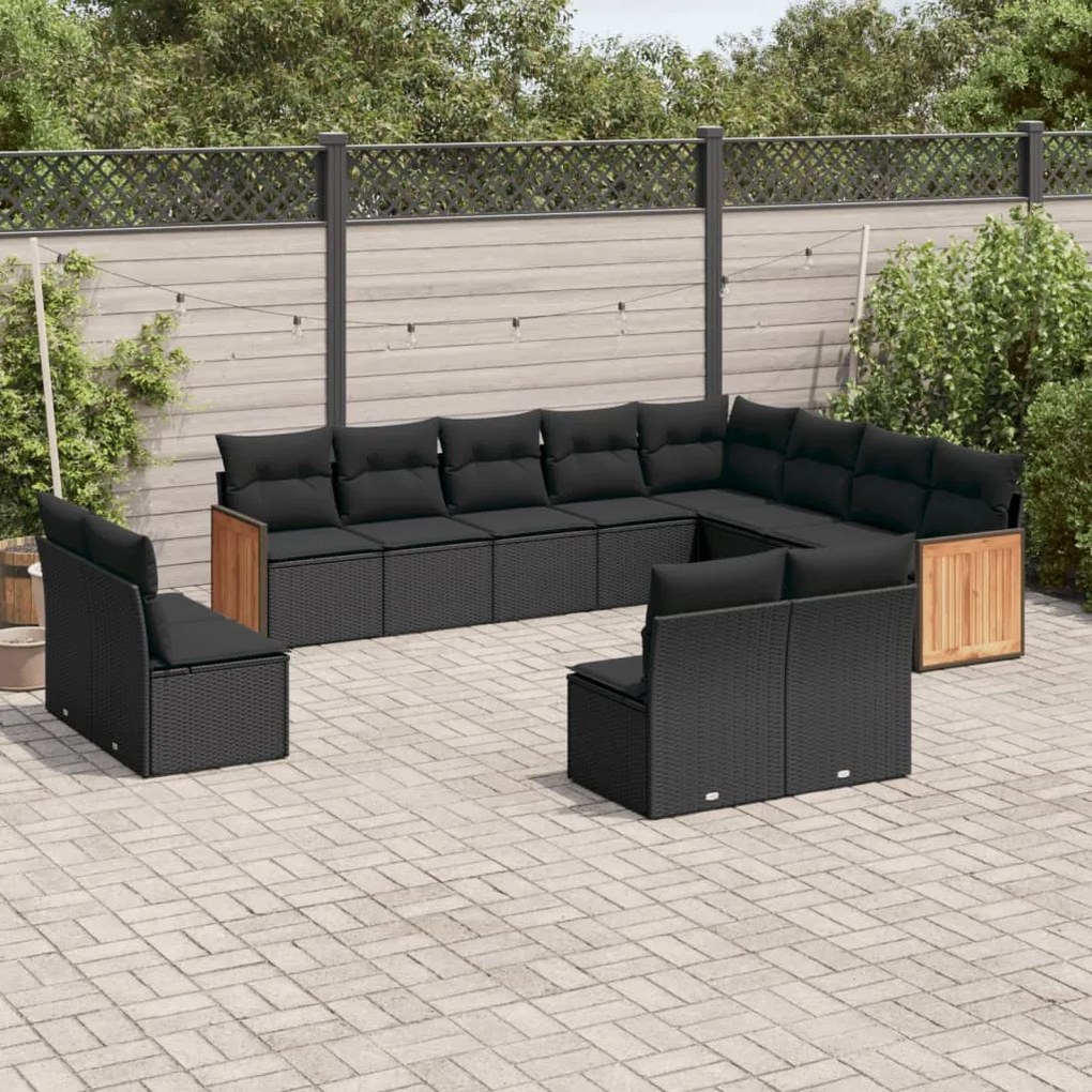 Set Divani da Giardino 12 pz con Cuscini Nero in Polyrattan