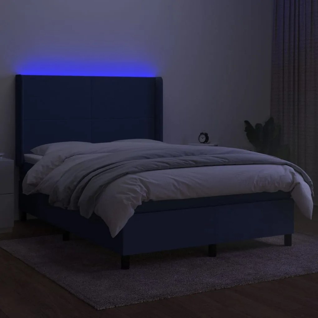 Letto a molle con materasso e led blu 140x200 cm in tessuto