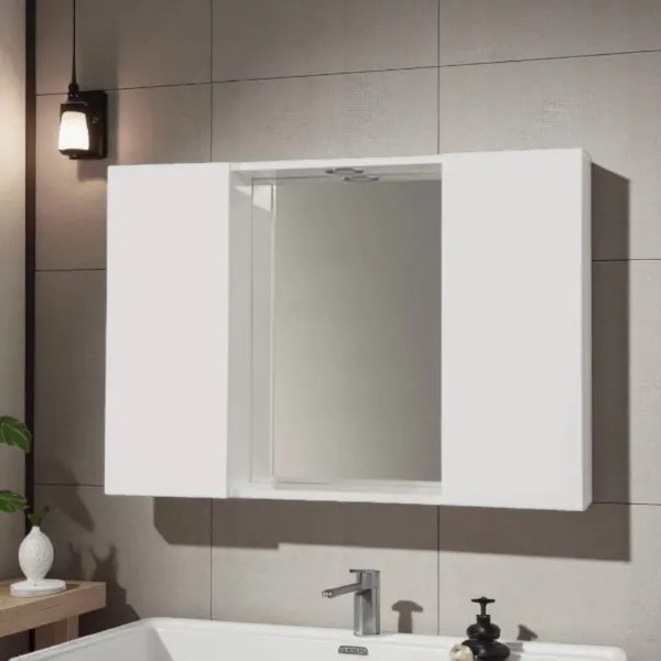 Specchiera bagno 91 cm Bianco Lucido a 2 ante lisce con luce LED