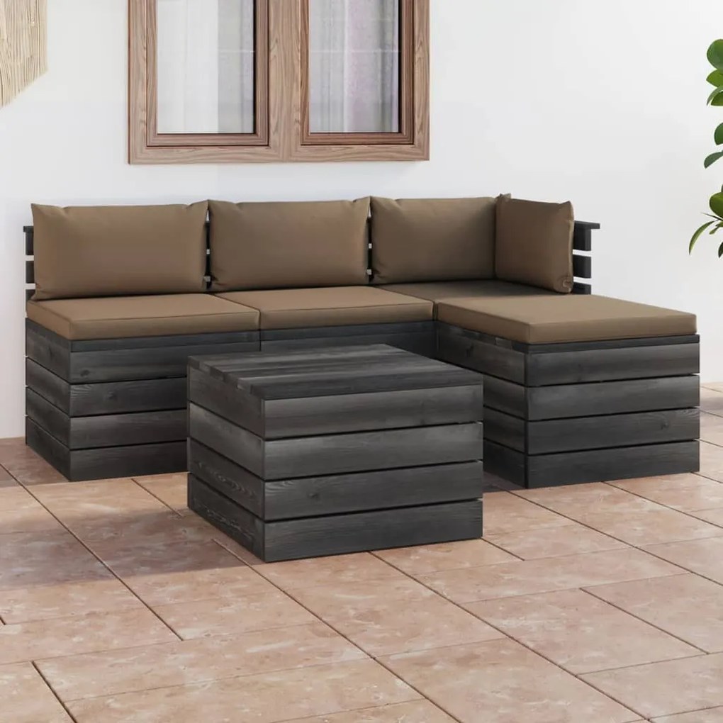 Set divani da giardino su pallet 5 pz con cuscini massello pino