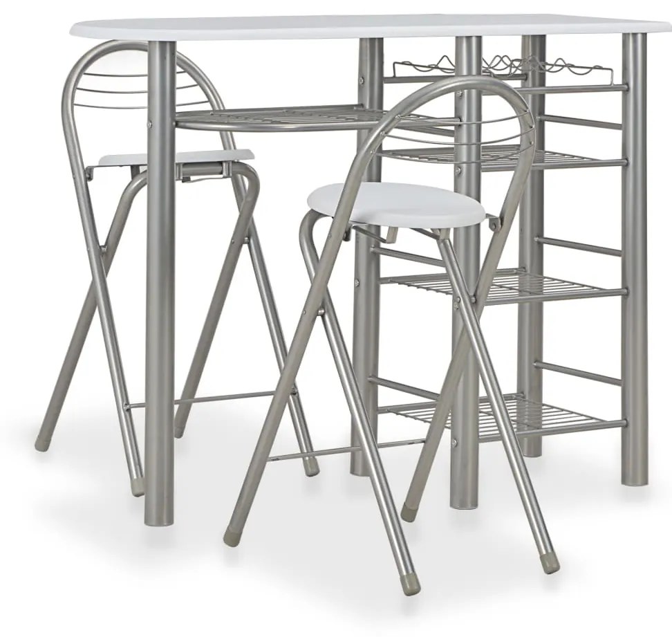 Set Da Bar 3 Pz Con Mensole İn Legno E Acciaio Bianco /