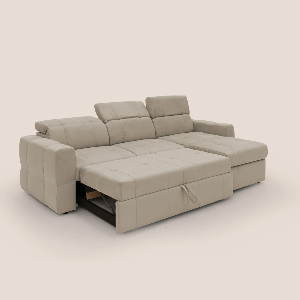 Kronos Divano angolare con pouf estraibile e penisola contenitore in microfibra impermeabile T11 tortora