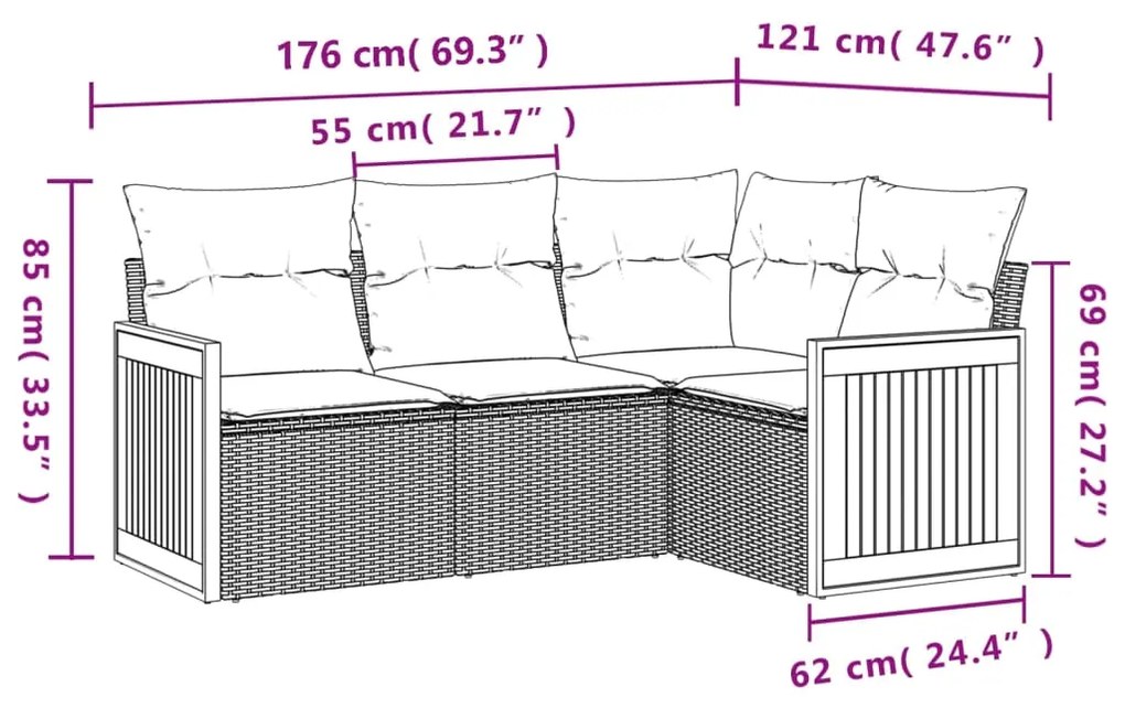 Set Divani da Giardino 4 pz con Cuscini in Polyrattan Grigio