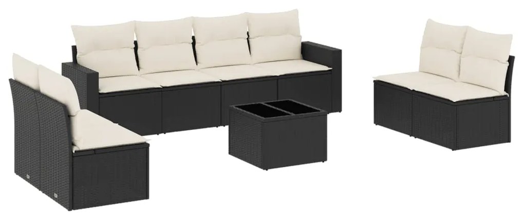 Set divani da giardino 9 pz con cuscini nero in polyrattan