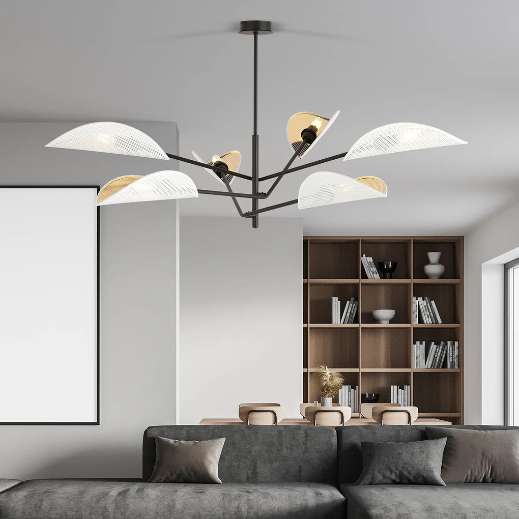Lampadario 6 Luci Eridano In Acciao Nero E Bianco Oro Con Bracci Mobili