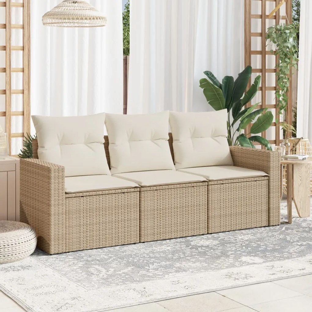 Set Divano da Giardino 3 pz con Cuscini Beige in Polyrattan