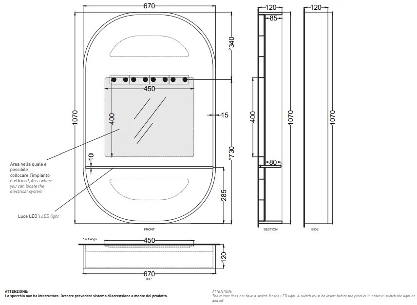 Cielo Arcadia Eos-C Specchio Con Mensola In Vetro E Luce Led Senza Interruttore Cornice In Legno Cemento