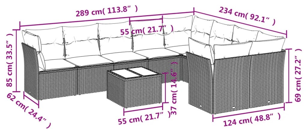 Set divano da giardino 10 pz con cuscini beige in polyrattan