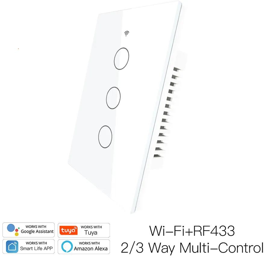 Interruttore Wifi Da Parete Pannello Touch 3 Tasti Colore Bianco WiFi + RF 433 Compatibile con Amazon Alexa e Google Home