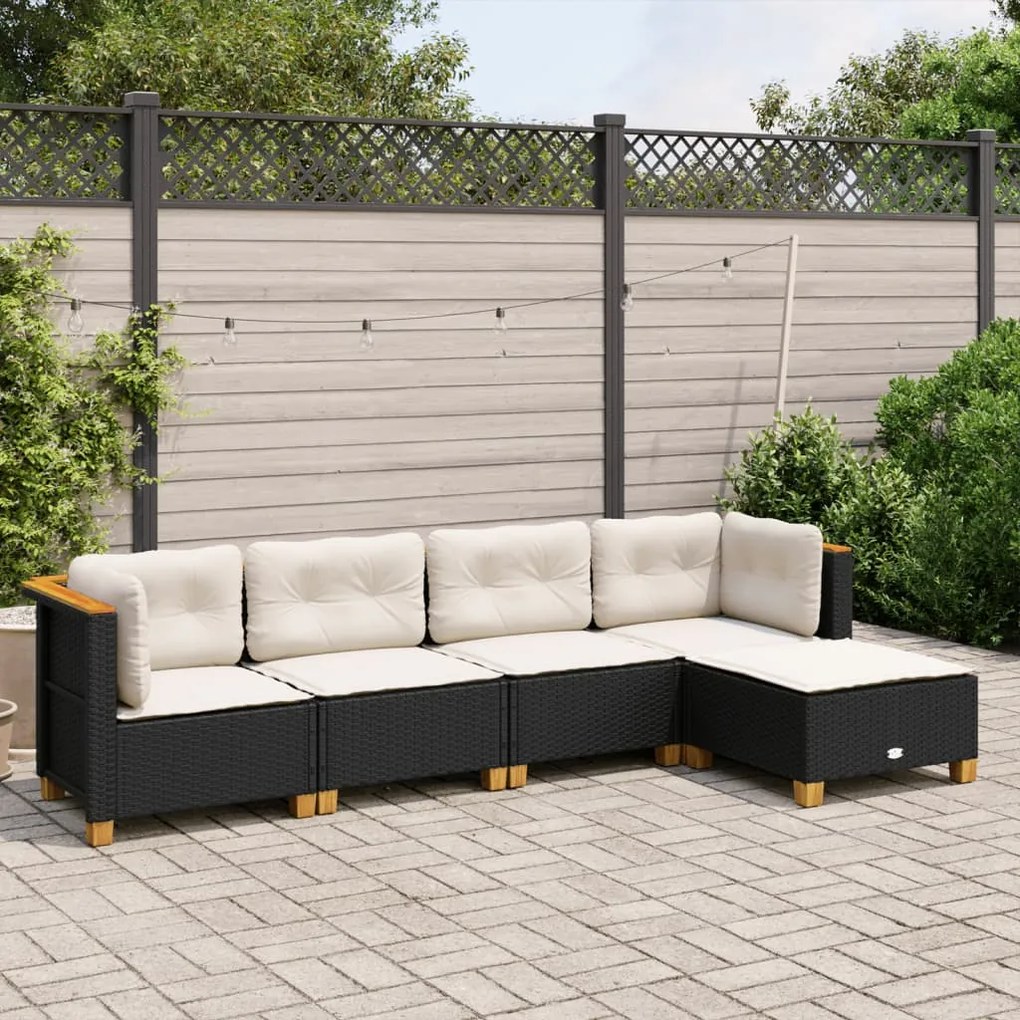 Set divani da giardino 5 pz con cuscini in polyrattan nero