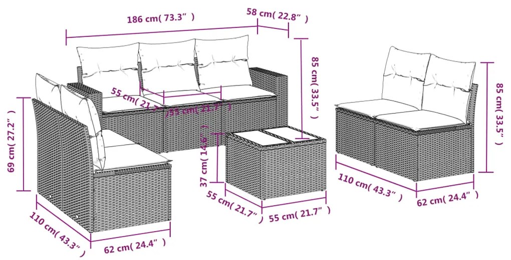 Set divani da giardino con cuscini 8 pz nero in polyrattan