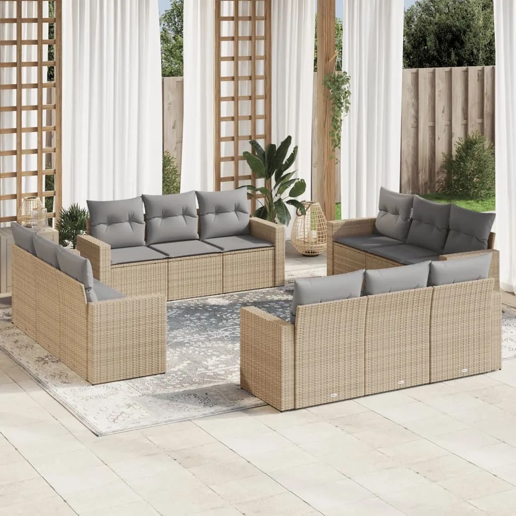 Set divani da giardino 12 pz con cuscini beige in polyrattan