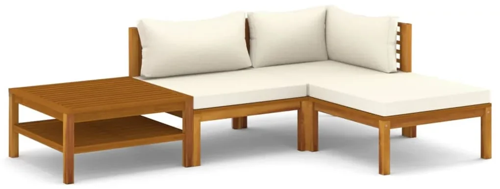 Set divani da giardino 4 pz con cuscini crema in legno acacia