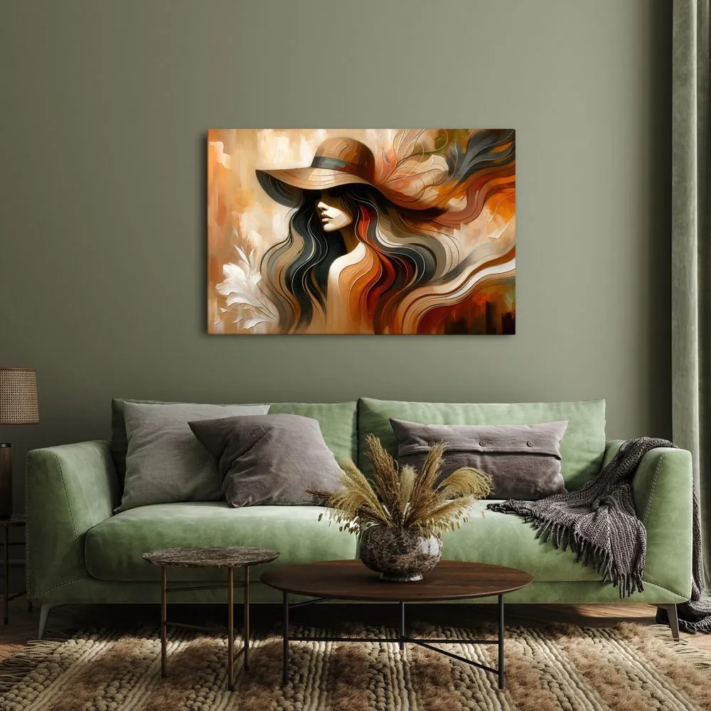 Quadro su tela – Donna con cappello in toni autunnali