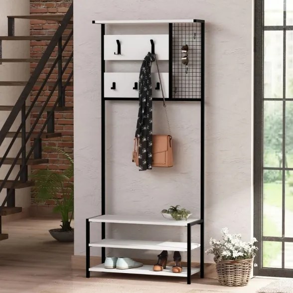 Scaffale Ingresso Industrial 78x30x182 Con Appendiabiti E Scarpiera Nomad Bianco
