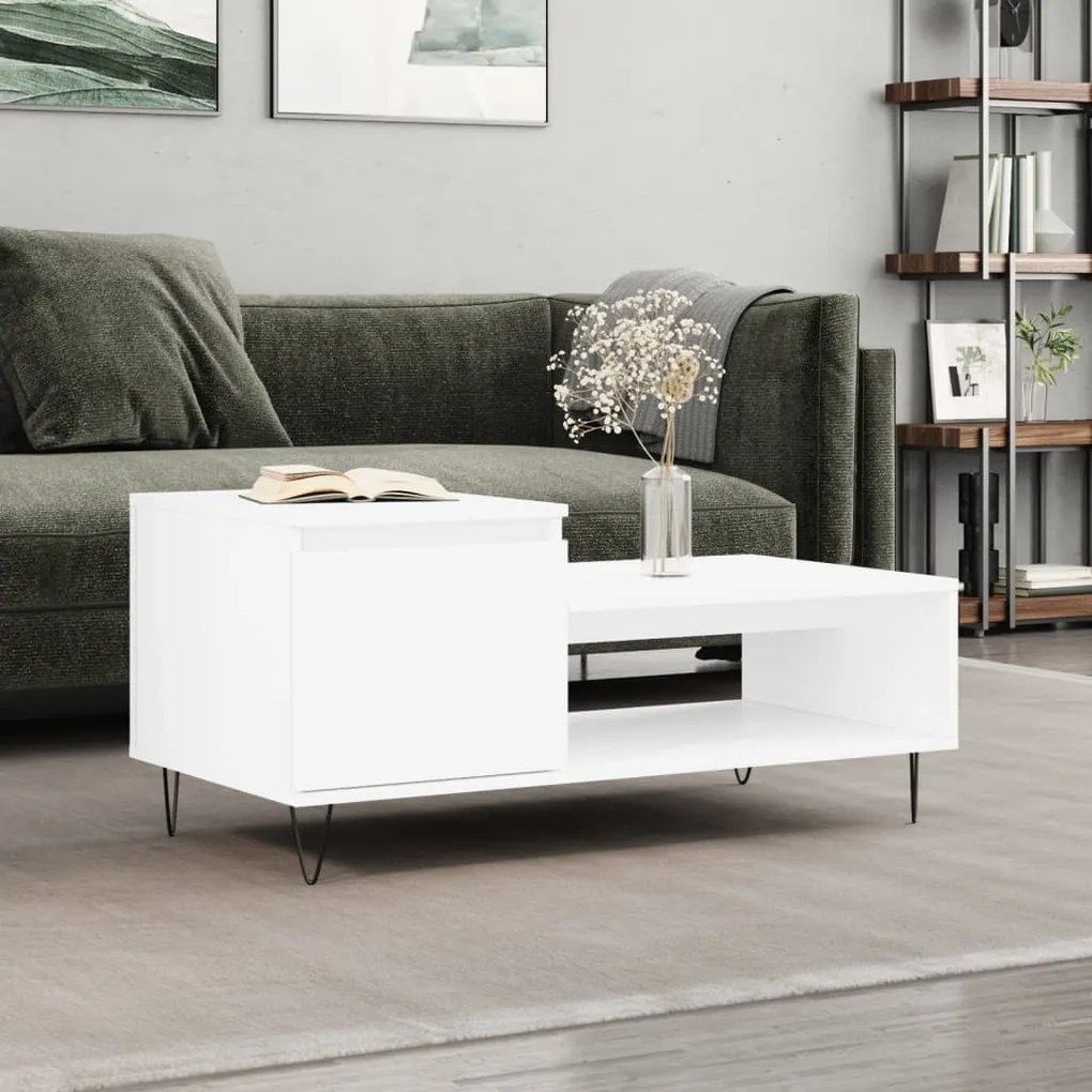 Tavolino Da Salotto Bianco 100x50x45 Cm İn Legno Multistrato /