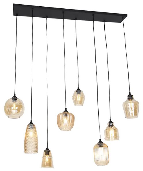 Lampadario Art Déco nero con vetro ambrato 8 luci - Hanne