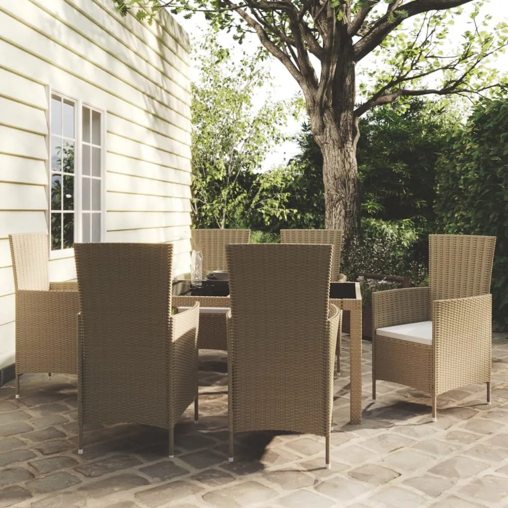 Set Mobili Da Pranzo Giardino 7 Pz Con Cuscini Polyrattan Beige /