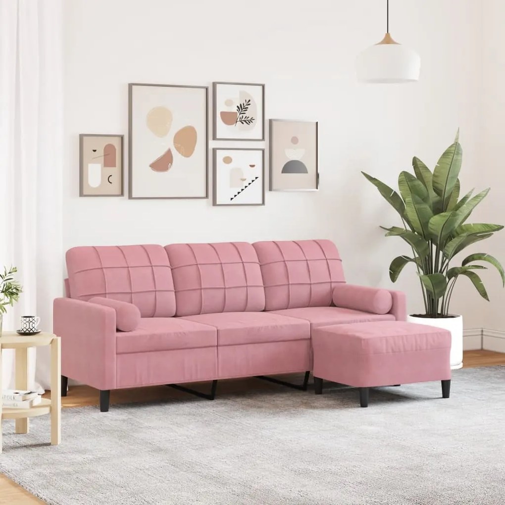 Divano A 3 Posti Con Poggiapiedi Rosa 180 Cm İn Velluto /