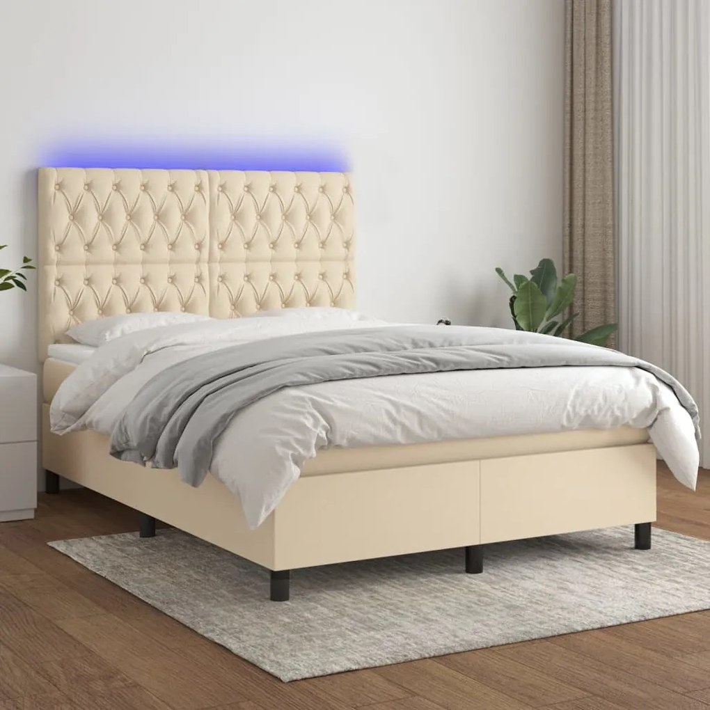 Letto A Molle Con Materasso E Led Crema 140x200 Cm İn Tessuto /