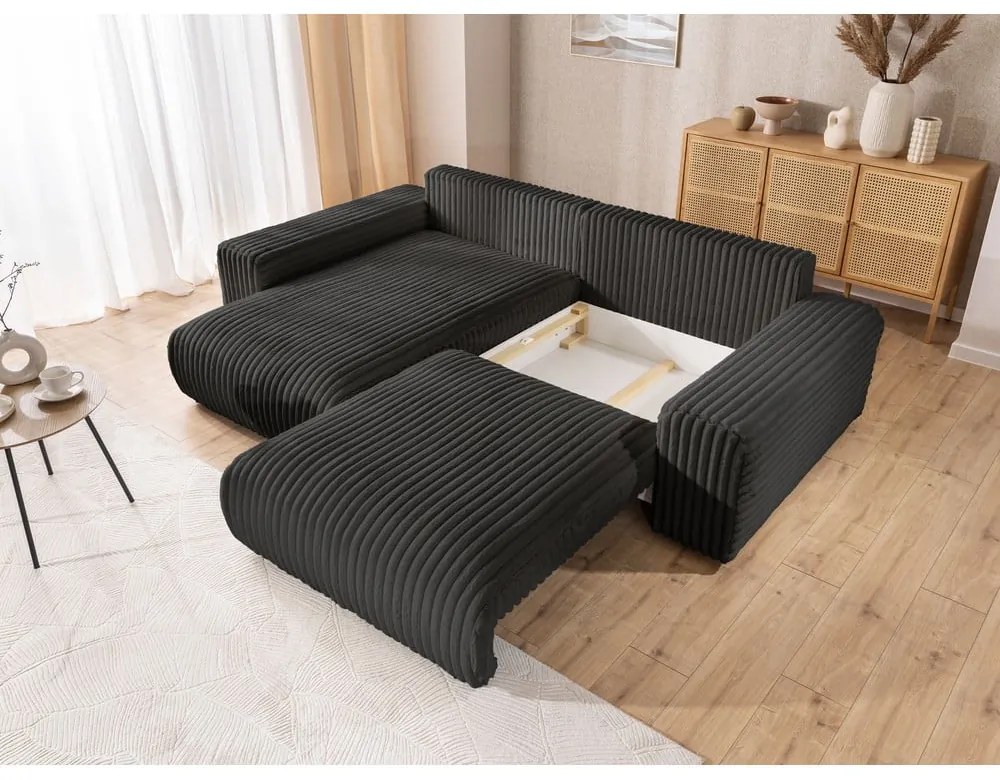 Divano angolare con penisola a sinistra grigio scuro e rivestimento in velluto a coste allungabile e con contenitore Sarina – Ropez