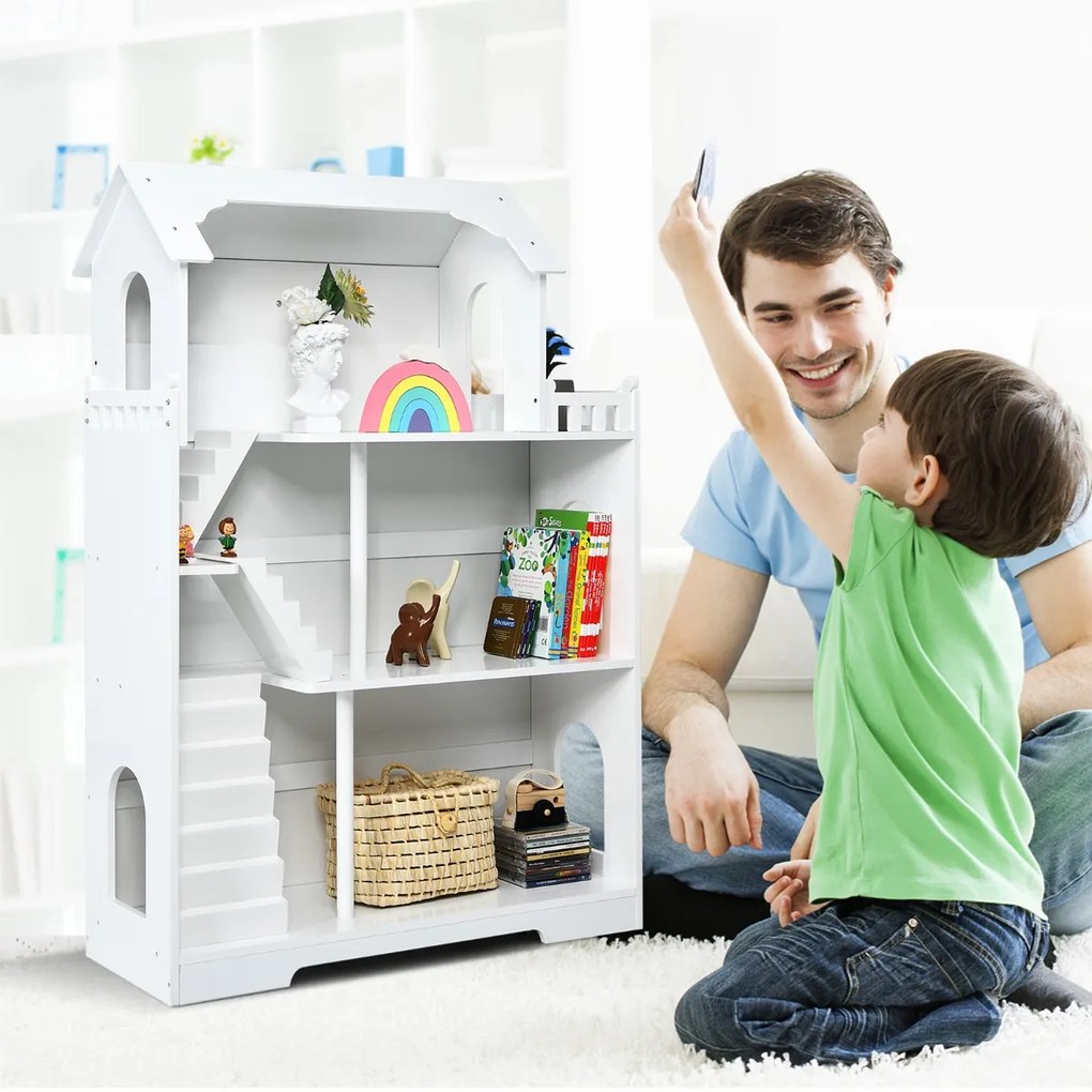 Costway Casa delle bambole di legno 2 in 1 a 3 livelli per bambini, Libreria multifunzionale con ampio spazio Bianco