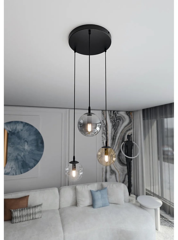 Sospensione 3 Luci Kali In Acciaio Nero Base Tonda E Sfere In Vetro Multicolor