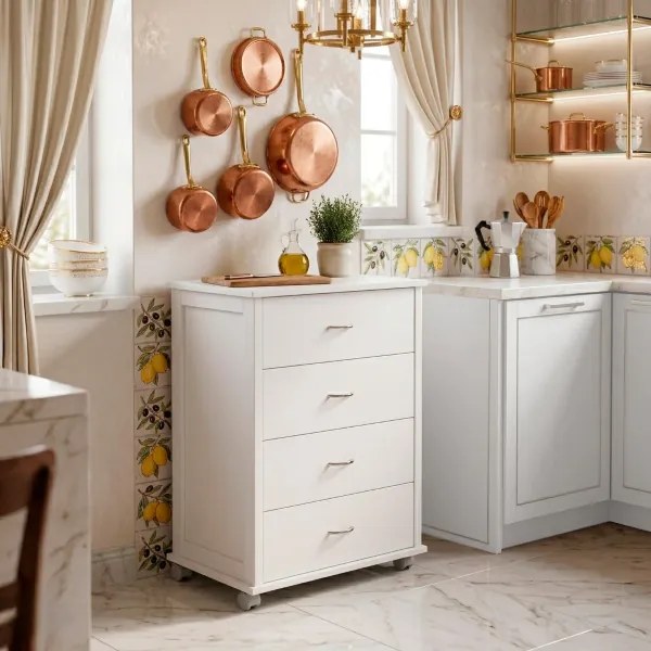 Cassettiera con ruote ICON 58X83h cm in Legno di Faggio a 4 Cassetti Laccato Bianco