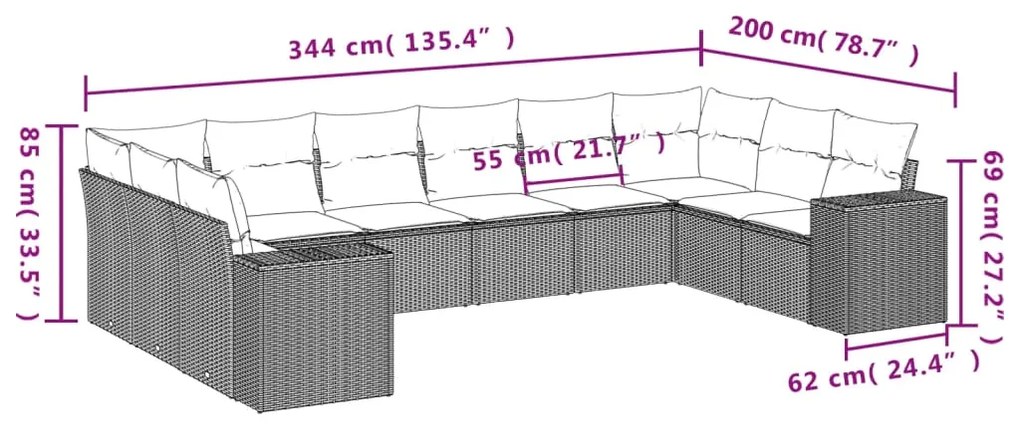 Set Divano da Giardino 10 pz con Cuscini Beige in Polyrattan