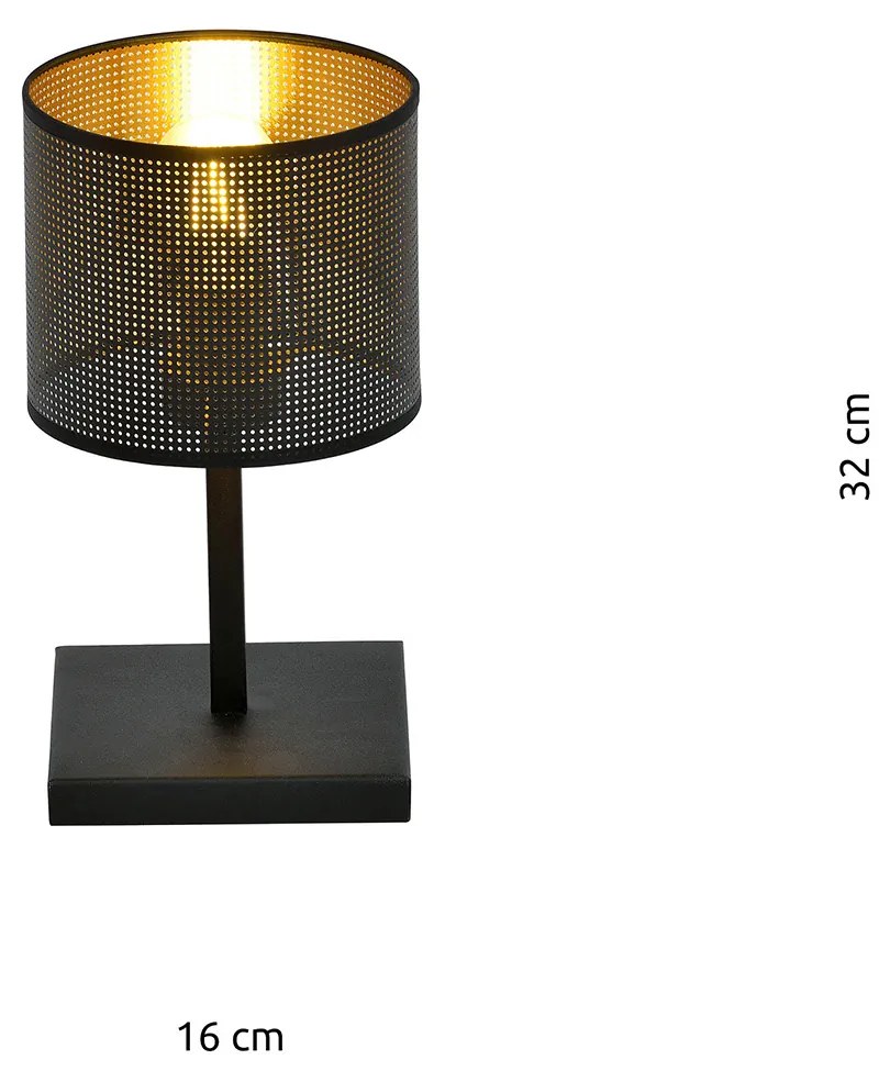 Lampada Da Tavolo 1 Luce Cigno In Acciaio Nero E Paralume A Cilindro Oro