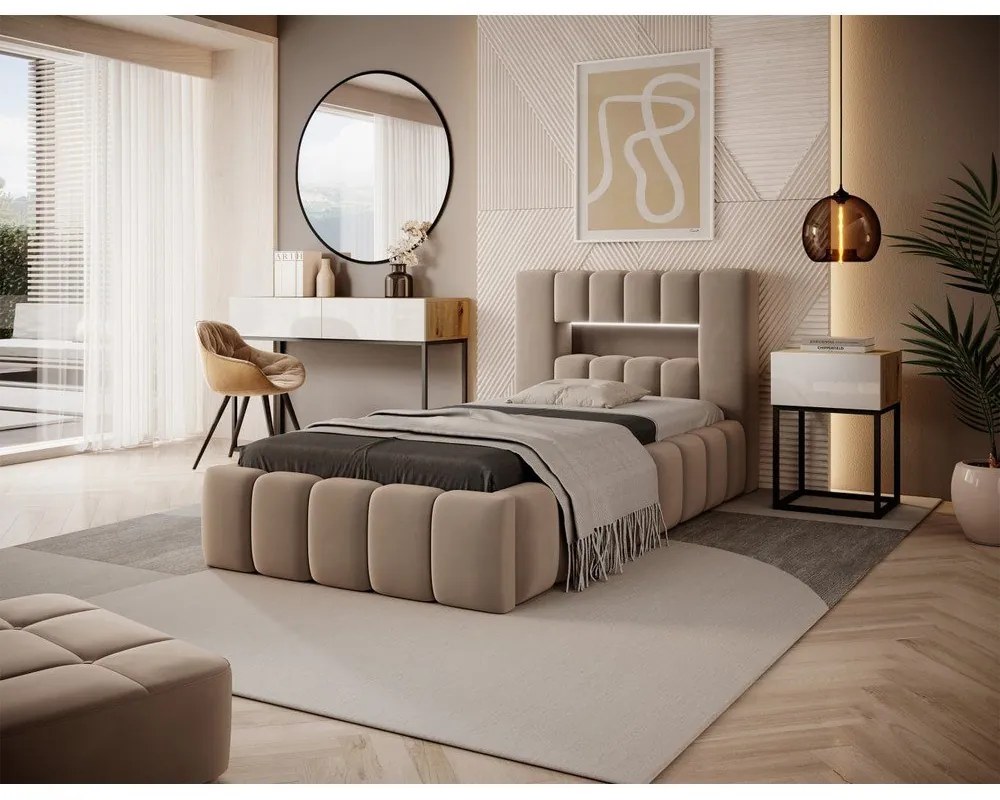Letto singolo imbottito marrone chiaro con contenitore con rete inclusa 90x200 cm Lamica – ELTAP