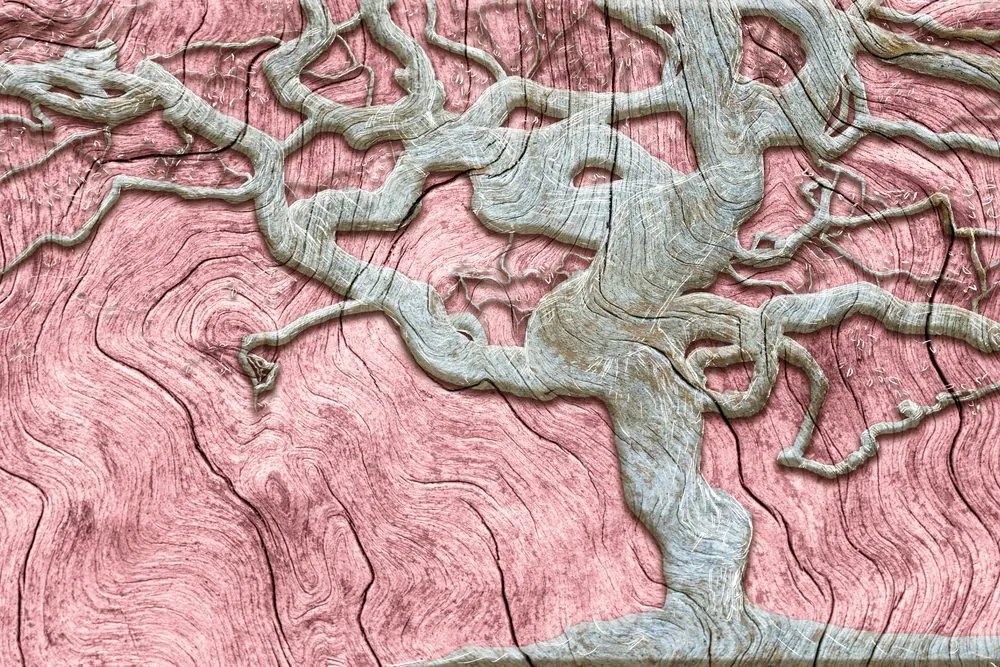 Carta da parati – Albero Astratto su Legno con Contrasto Rosa