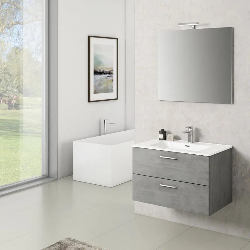 Mobile sottolavabo, lavabo e specchio con illuminazione Noa per vasca centrale cemento L 80 x H 55 x P 45.5 cm 2 cassetti