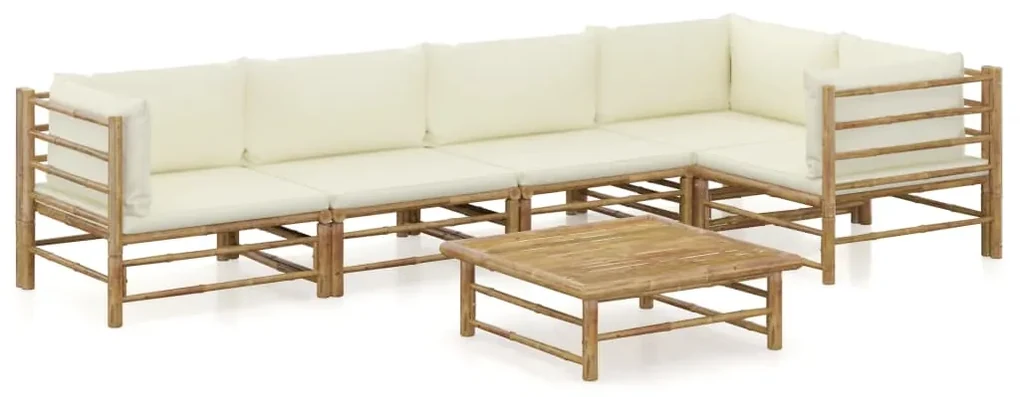 Set divani da giardino 6 pz con cuscini bianco crema in bambù