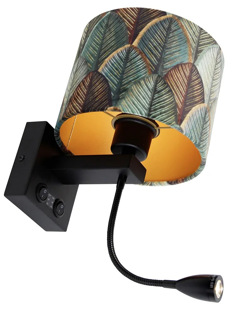 Applique da parete nera con paralume in velluto, motivo foglia e interno oro - Brescia Combi