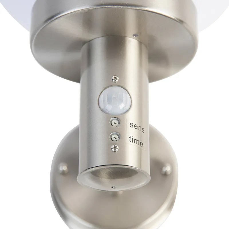 Lampada da parete per esterni in acciaio inossidabile IP44 con sensore di movimento e globo in plastica - Sfera