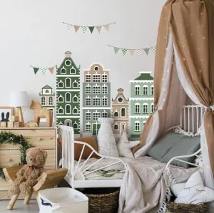 Adesivi murali - Case in verde con ghirlande | Inspio