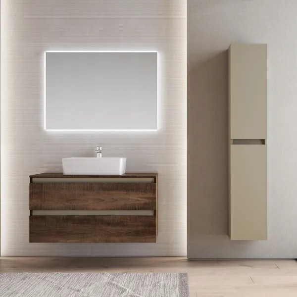 Mobile bagno sospeso 101 cm doppio cassettone e lavabo CUBE1 Tabacco