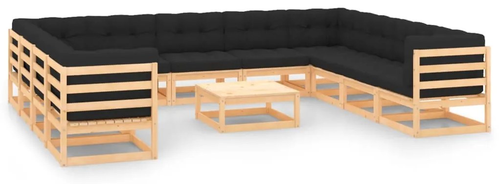 Set Salotto Giardino 12pz Cuscini Antracite Legno Massello Pino