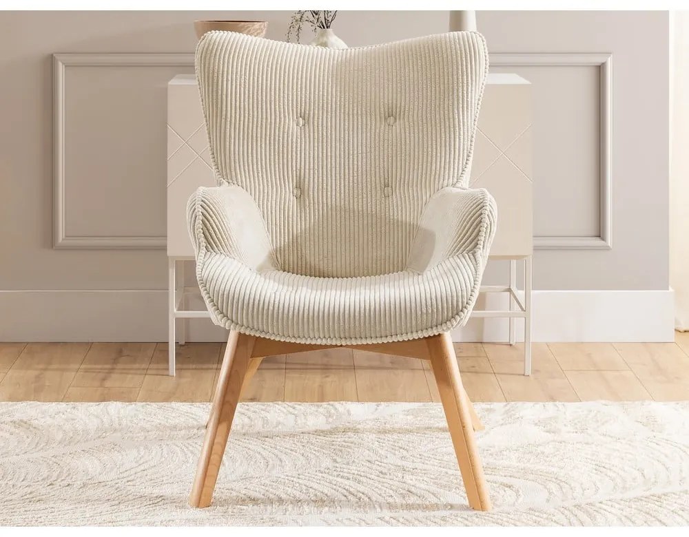 Poltrona con poggiapiedi beige con rivestimento in velluto a coste Niko – Ropez