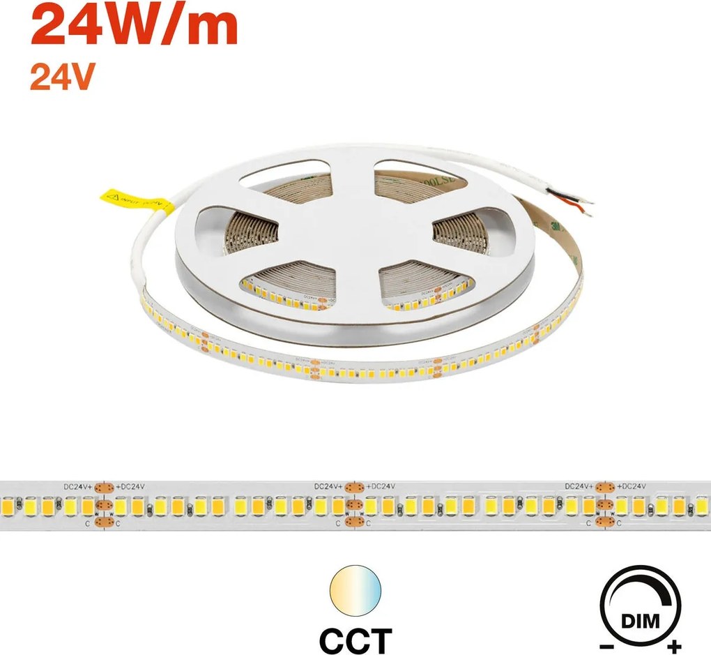 Striscia LED CCT Bianco Variabile 24V 24W/m Professionale - IP20 - 5 metri