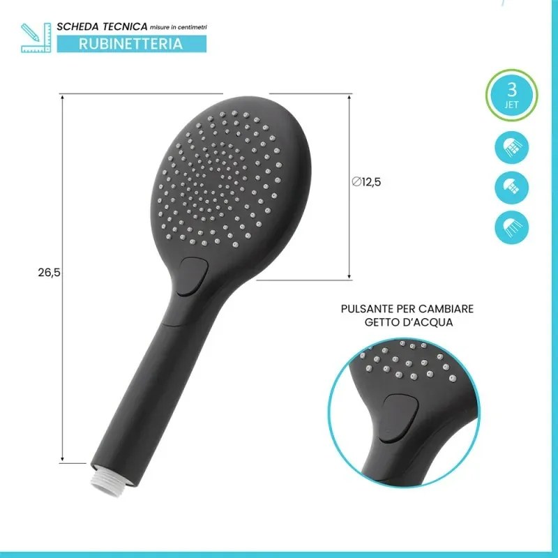 Doccetta tonda 26,5 cm in ABS nera con 3 getti Hidra